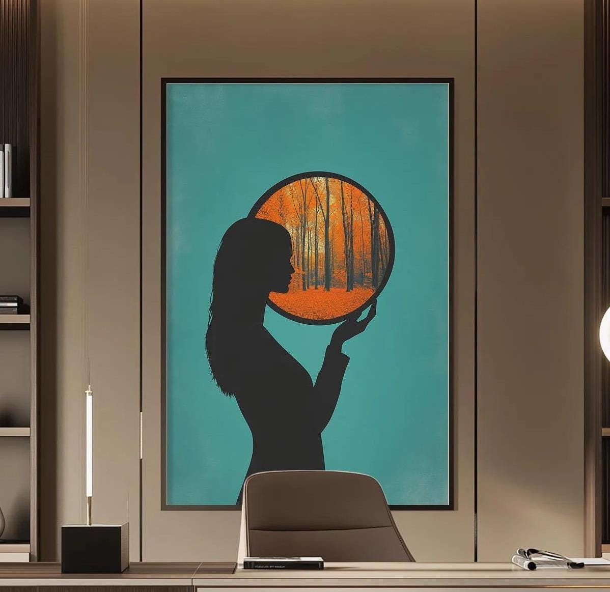 a modern and minimalist office space with a large abstract painting of a woman's silhouette on the wall, a wooden desk with a chair, and built-in bookshelves.