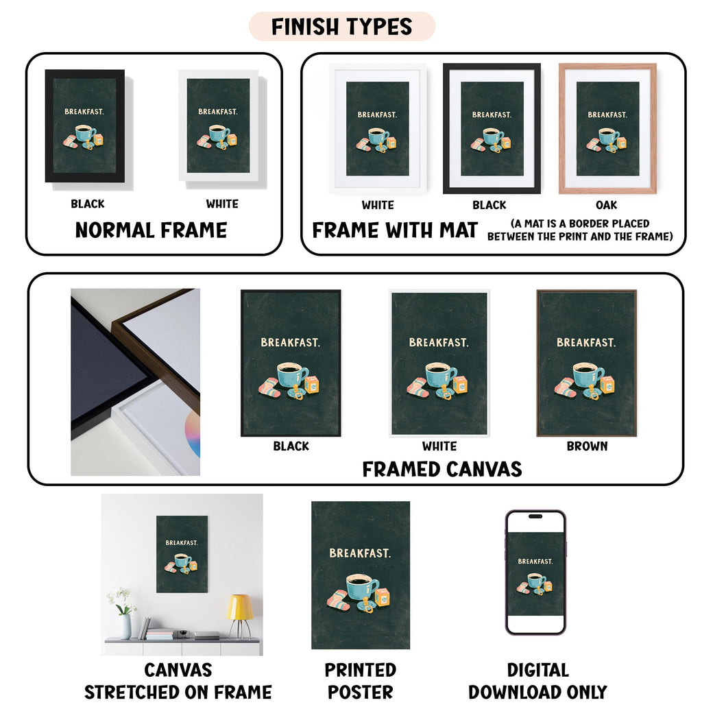 various finish types for a breakfast-themed artwork, including canvas, framed canvas, printed poster, and digital download.