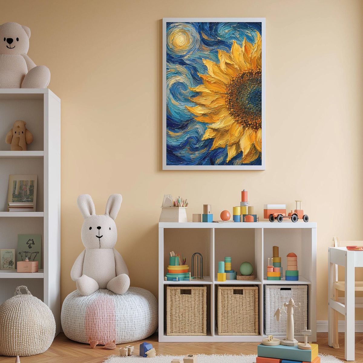 A child's bedroom with a white bookshelf, a stuffed rabbit, a toy train, and a framed painting of a sunflower.