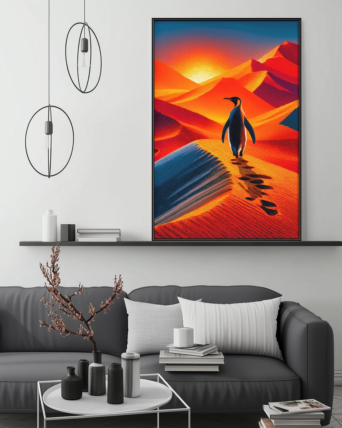 a large, vibrant painting of a penguin walking on a desert landscape, with a striking red and orange sunset in the background. The painting is displayed on the wall above a gray couch, which is positioned in front of a coffee table. The room has a minimalist and modern design, with a few decorative items such as a potted plant, vases, and books.