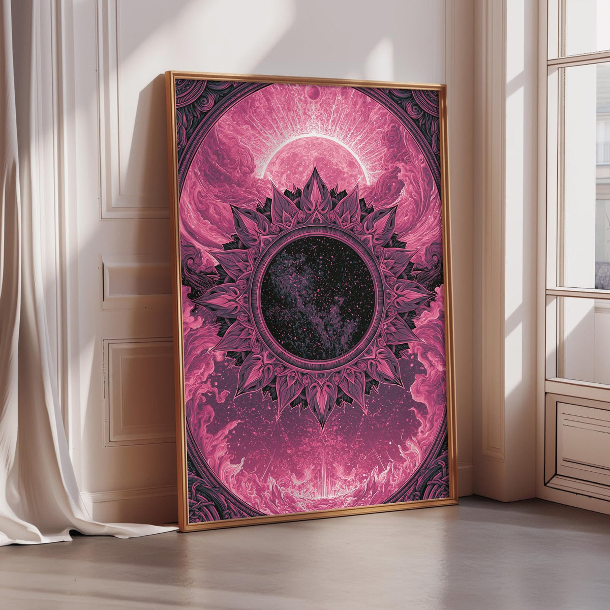 a large, ornate, and colorful poster or painting displayed on a wall, with a pink and purple color scheme and a central design element resembling a sun or moon.