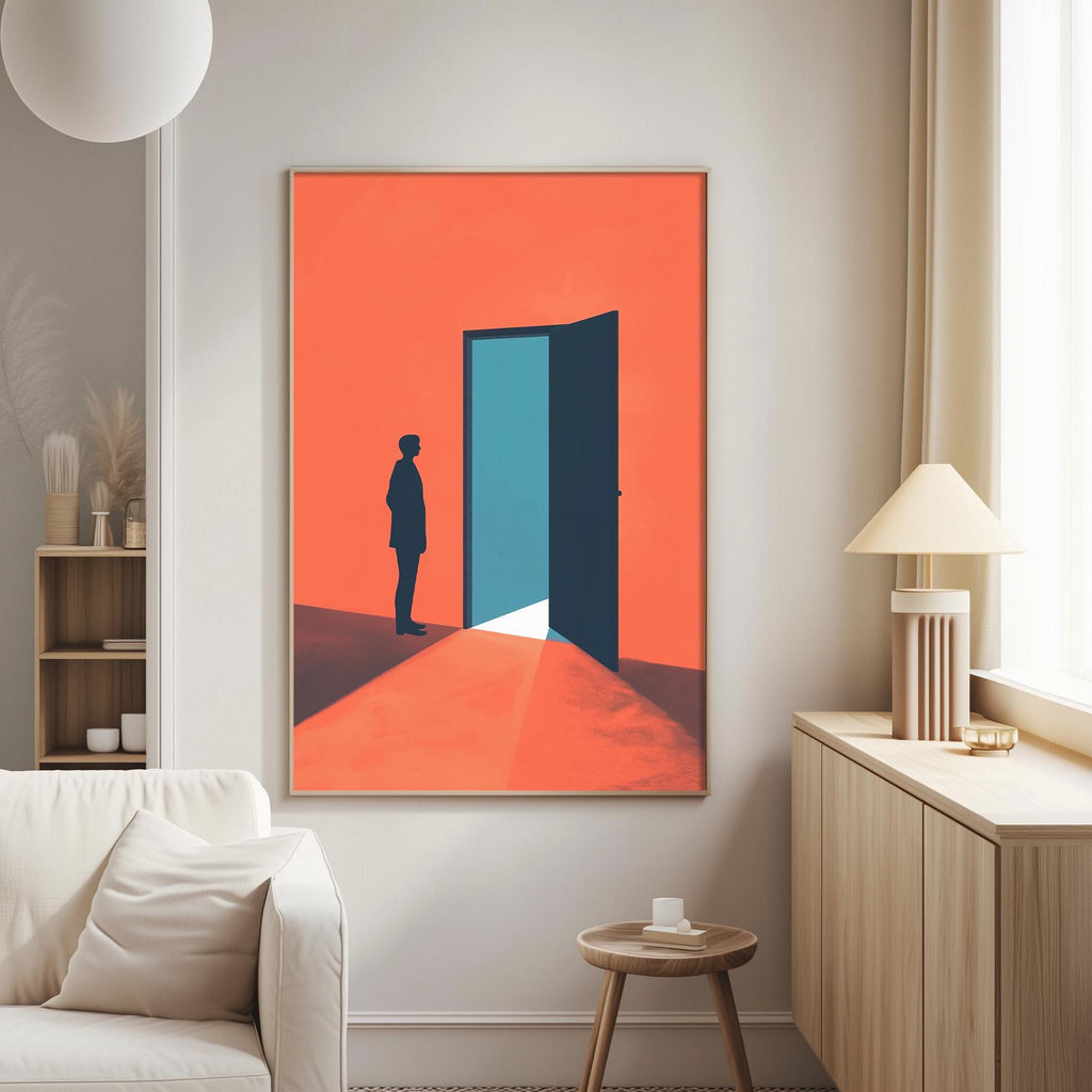 a large, colorful painting of a person standing in front of an open door, with a bright orange background and a blue door. The painting is hanging on a white wall in a living room setting.
