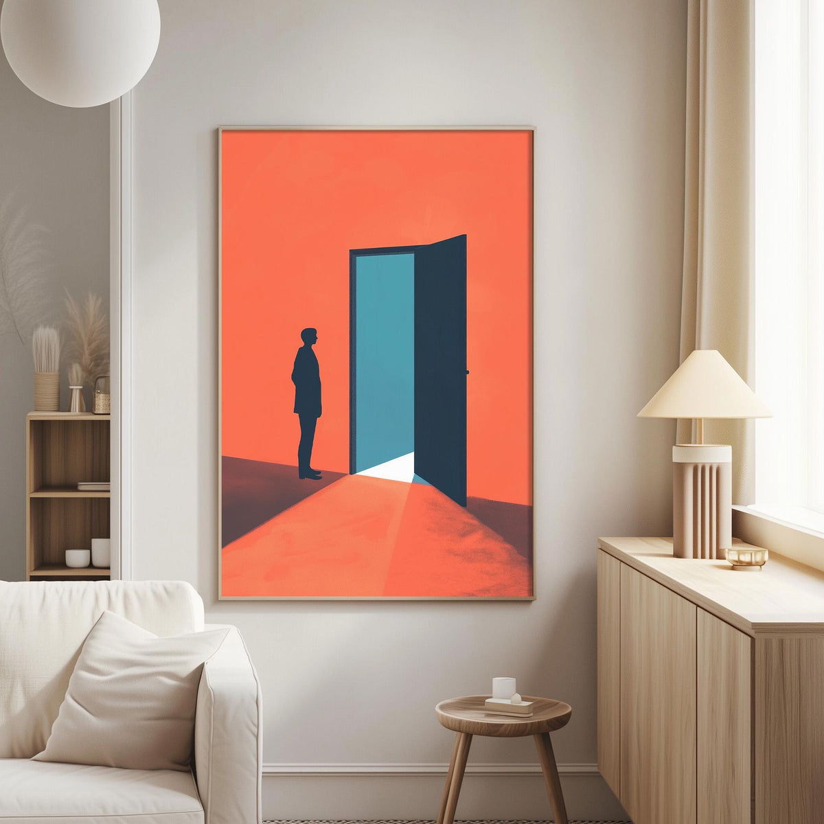 a large, colorful painting of a person standing in front of an open door, with a bright orange background and a blue door. The painting is hanging on a white wall in a living room setting.
