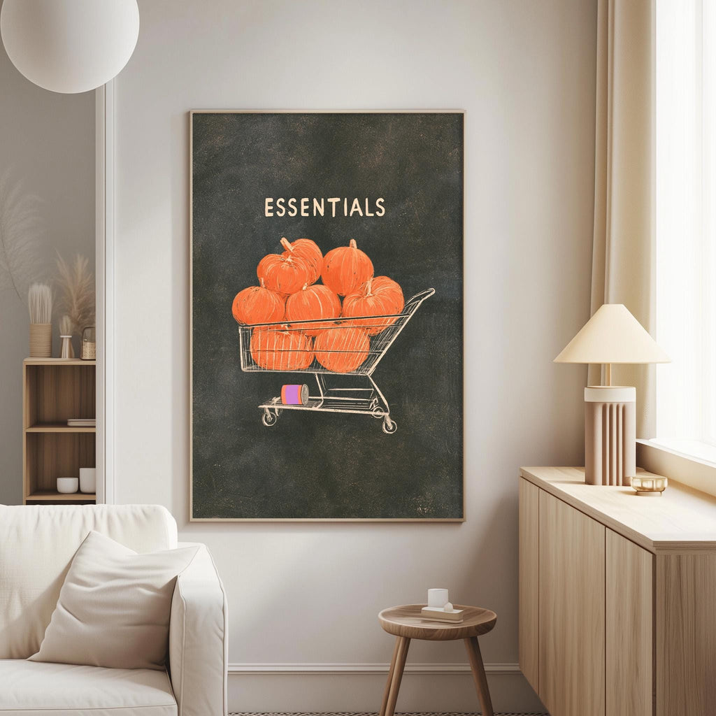 a living room with a large black poster of a shopping cart filled with orange pumpkins hanging on the wall.