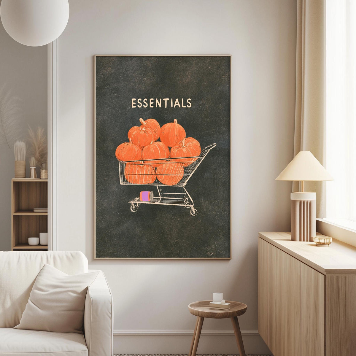 a living room with a large black poster of a shopping cart filled with orange pumpkins hanging on the wall.