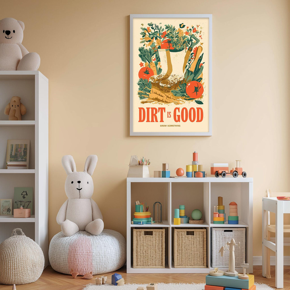 A child's bedroom with a white bookshelf, a stuffed rabbit, and a colorful poster on the wall. The poster features a garden scene with a shovel and the text "Dirt is good, grow good".