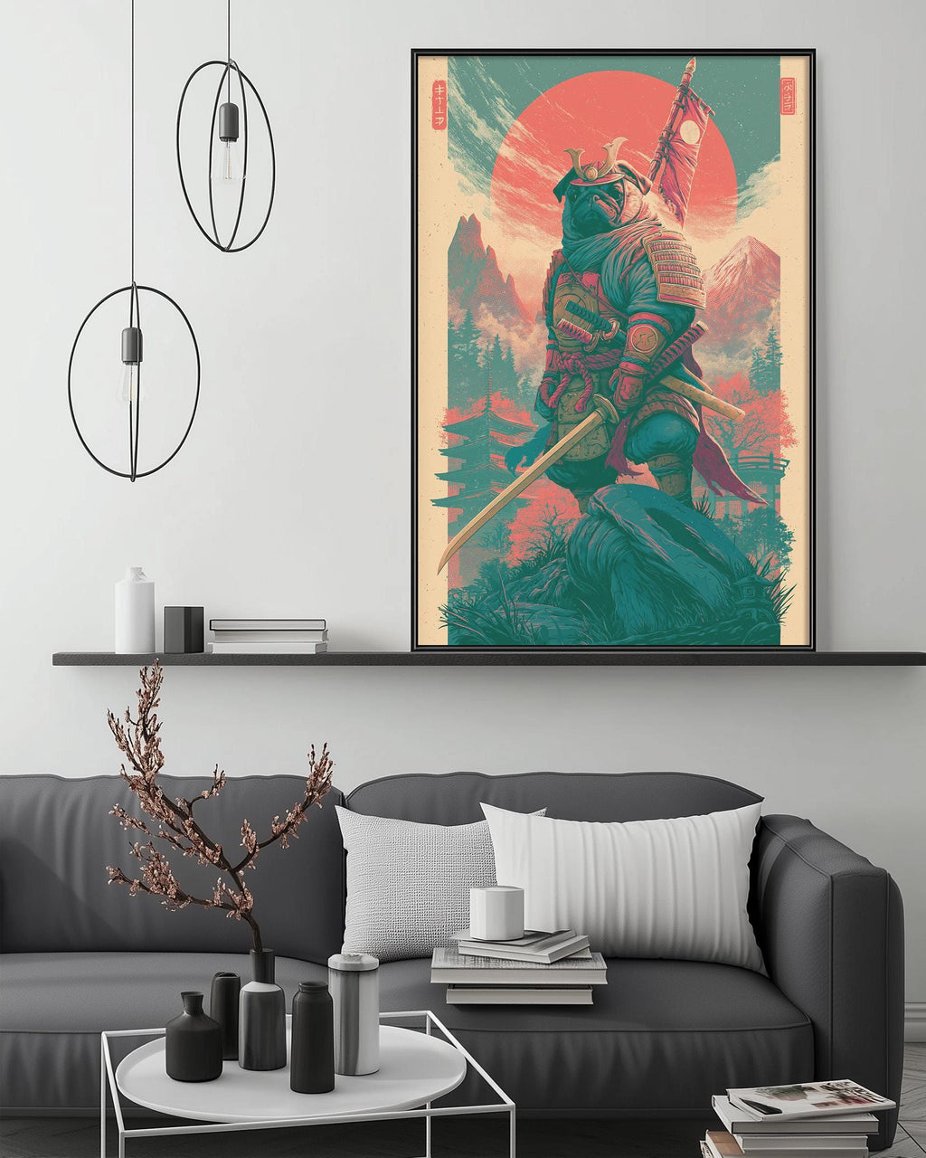 a large, colorful painting of a warrior figure with a sword and shield, displayed on a wall above a gray couch in a living room setting.