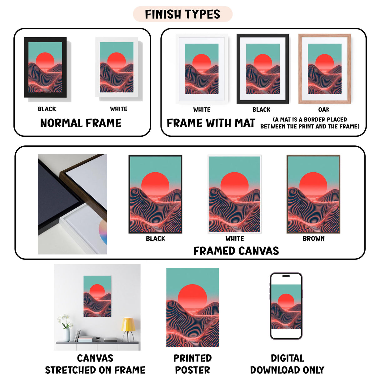 various finish types for a digital artwork, including canvas, framed canvas, stretched canvas, printed poster, and digital download only.