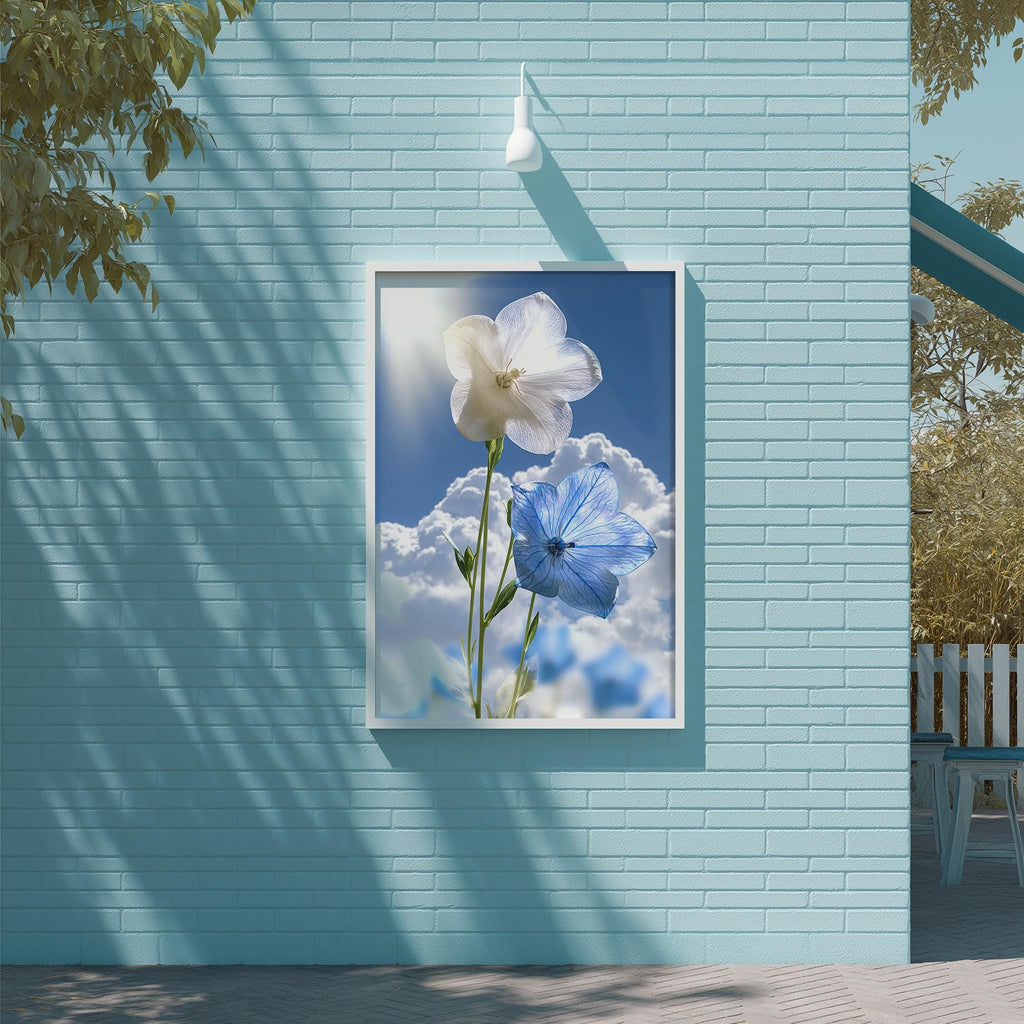 A framed image of two white and blue flowers is displayed on a light blue brick wall, with a white light fixture above it.