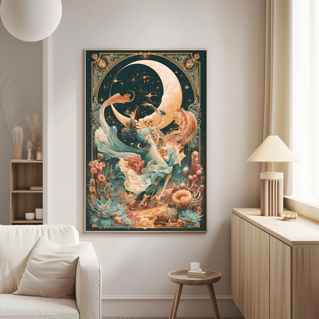a large, colorful painting of a woman with a crescent moon and stars in the background, hanging on a wall in a living room.