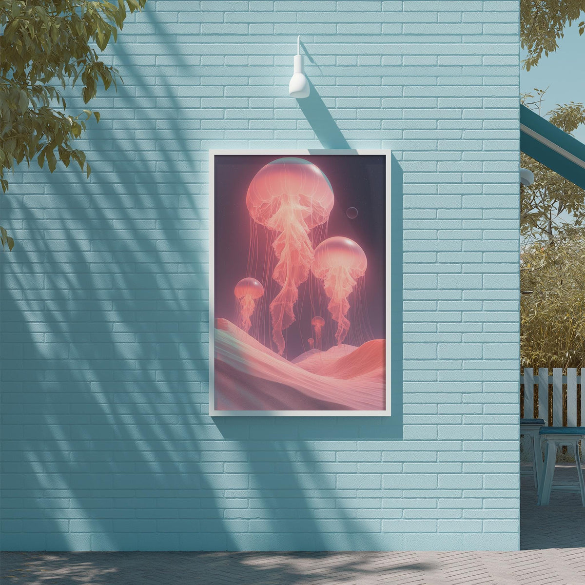 a large, vibrant painting of jellyfish against a blue brick wall.