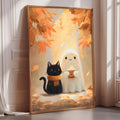 a framed painting depicting a black cat and a ghost in a forest setting with autumn leaves.