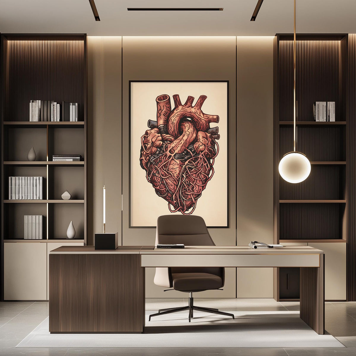 a modern office space with a large, detailed illustration of a human heart on the wall. The office features a wooden desk, a comfortable-looking chair, and a bookshelf filled with books. The overall design and layout of the space create a professional and sophisticated atmosphere.