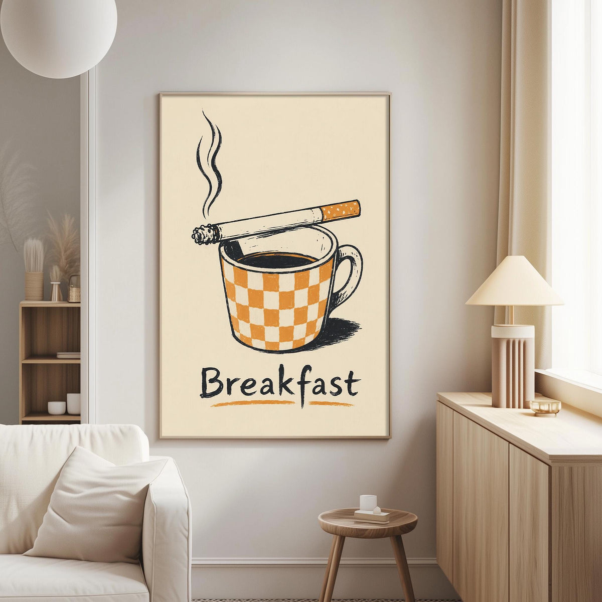 a poster of a cup of coffee with a cigarette on top, accompanied by the word "Breakfast" written below it.