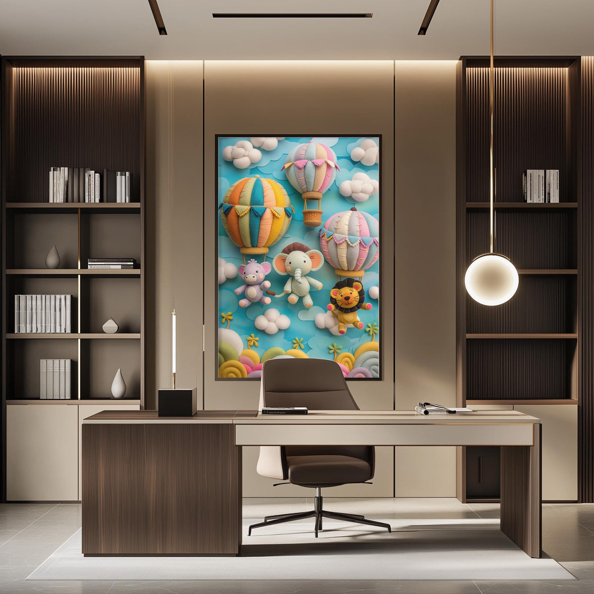a modern office space with a large framed artwork depicting colorful hot air balloons and cartoon animals on the wall. The office has a wooden desk, a chair, and a bookshelf filled with books and decorative items.