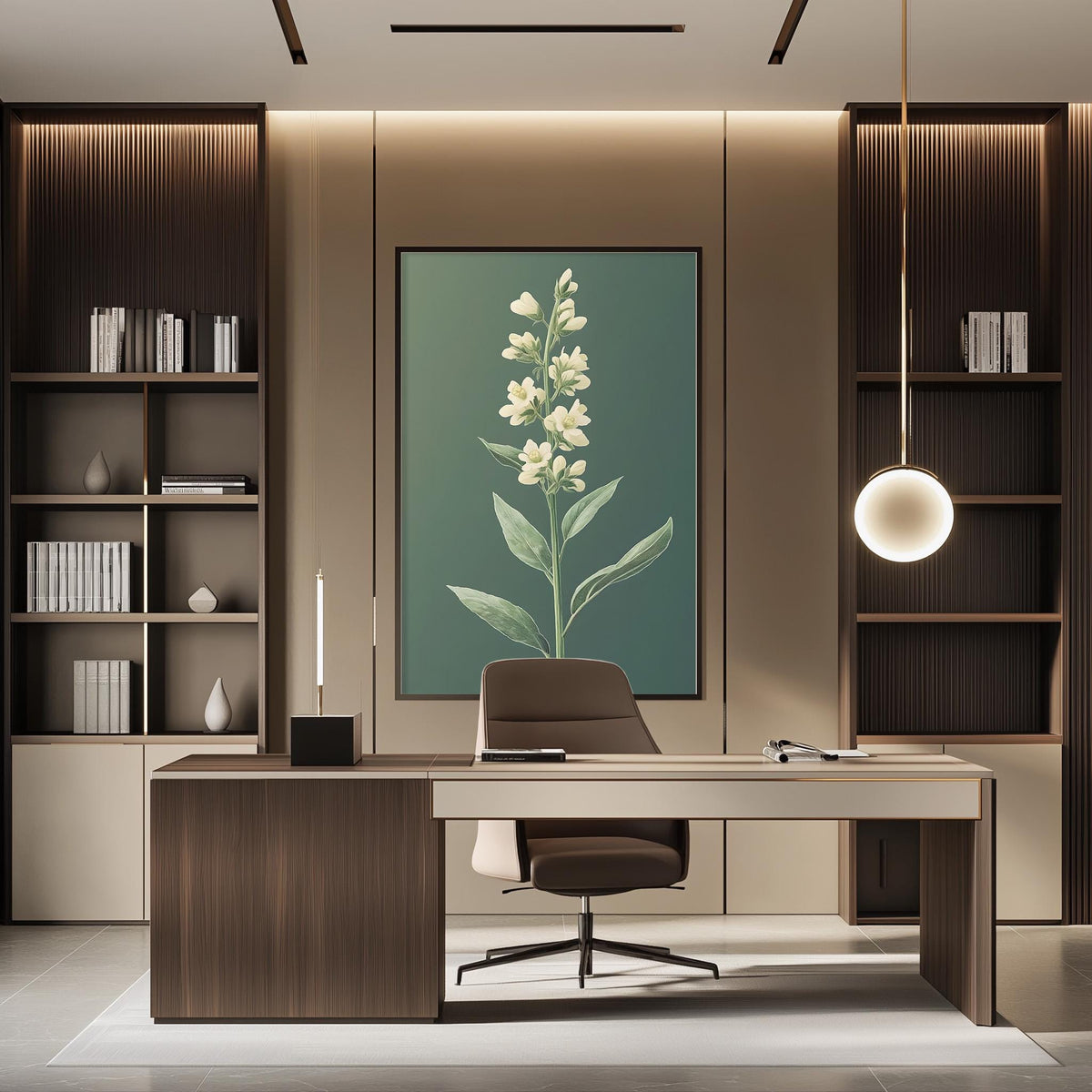 a modern and well-designed office space with a large framed print of a flower on the wall, a wooden desk with a chair, and built-in bookshelves.