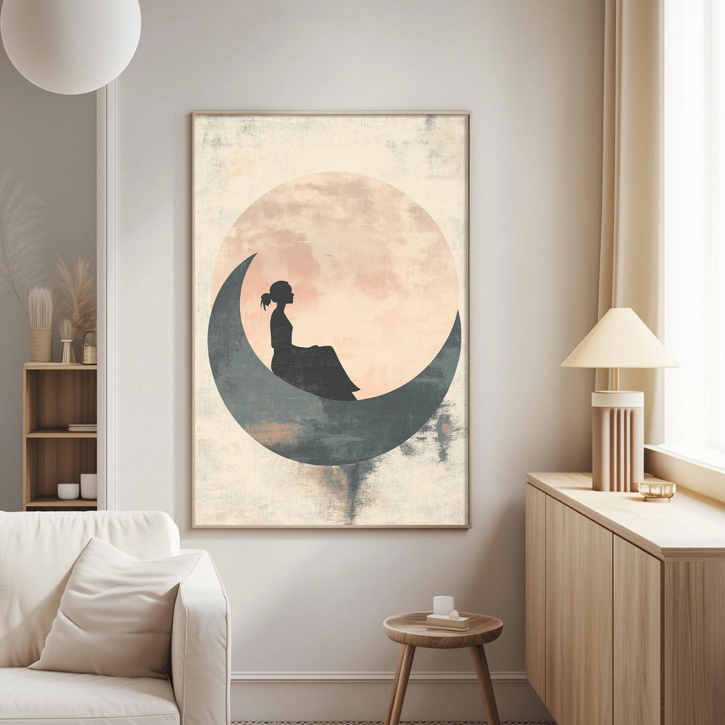a living room with a large framed artwork of a woman sitting on a crescent moon hanging on the wall.