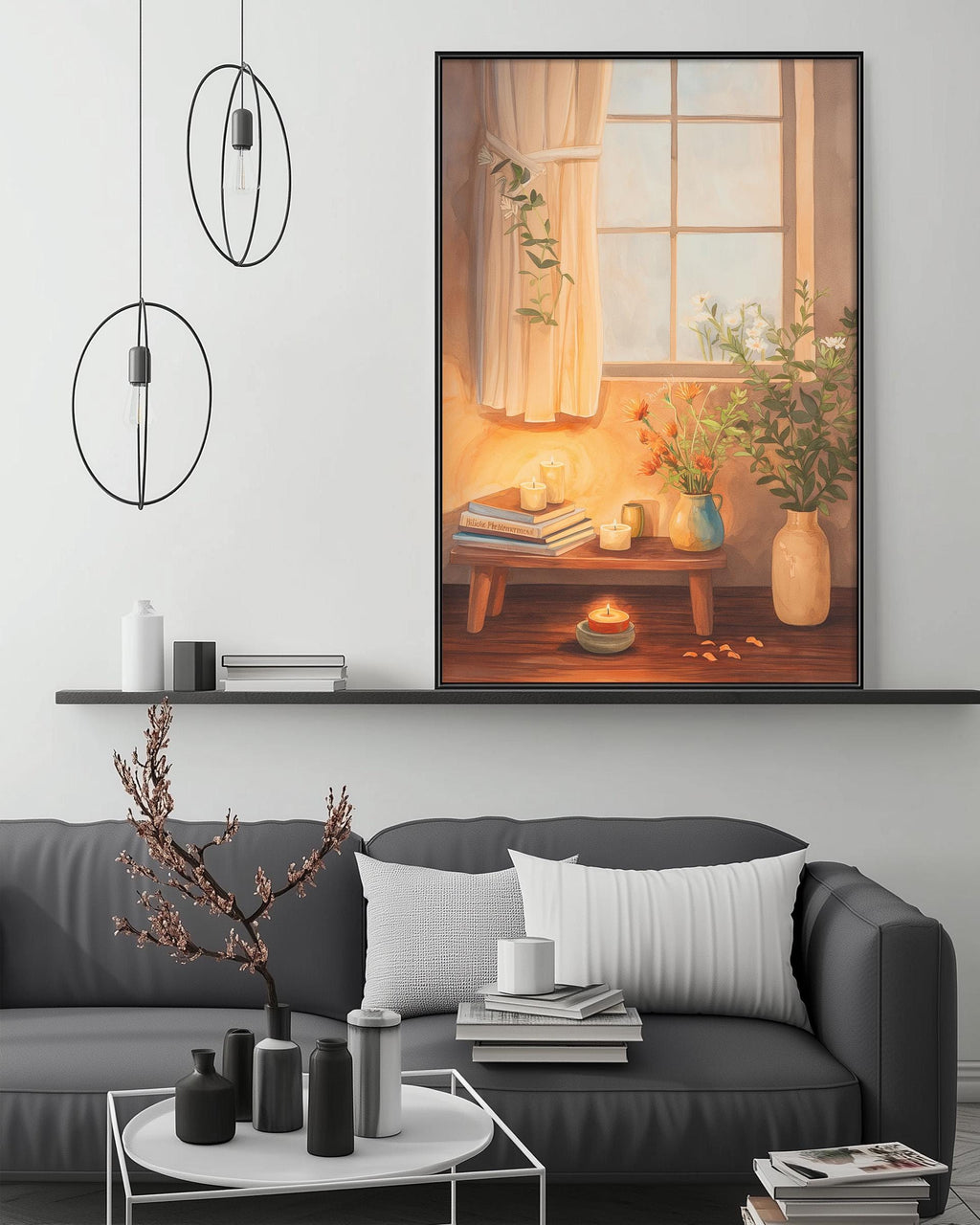 a cozy living room with a gray sofa, a coffee table, and a large painting of a window with flowers and candles on the wall above it.