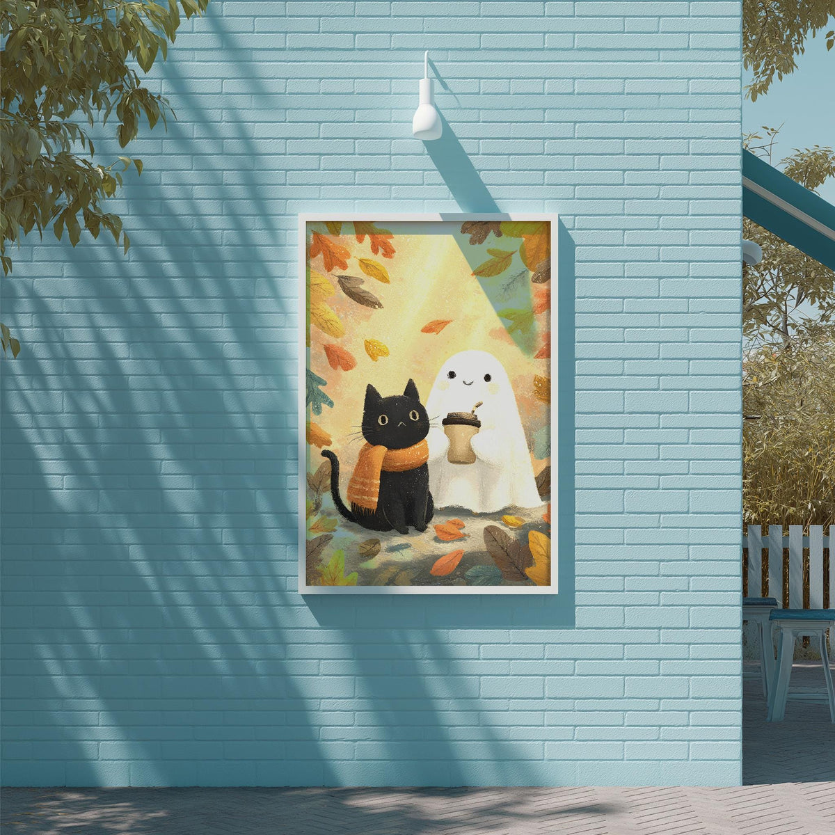 a framed illustration of a black cat and a ghost, both sitting on a leaf-strewn ground, with a light blue wall in the background.