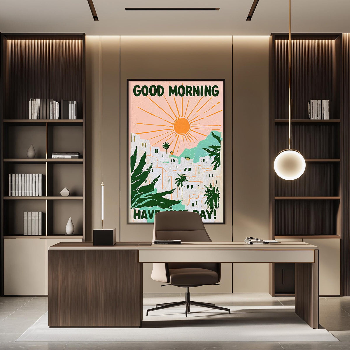 a modern office space with a large framed poster of a tropical landscape hanging on the wall. The poster has a sun and palm trees, creating a warm and inviting atmosphere. The office has a wooden desk and chair, and there are several bookshelves and a lamp in the room.