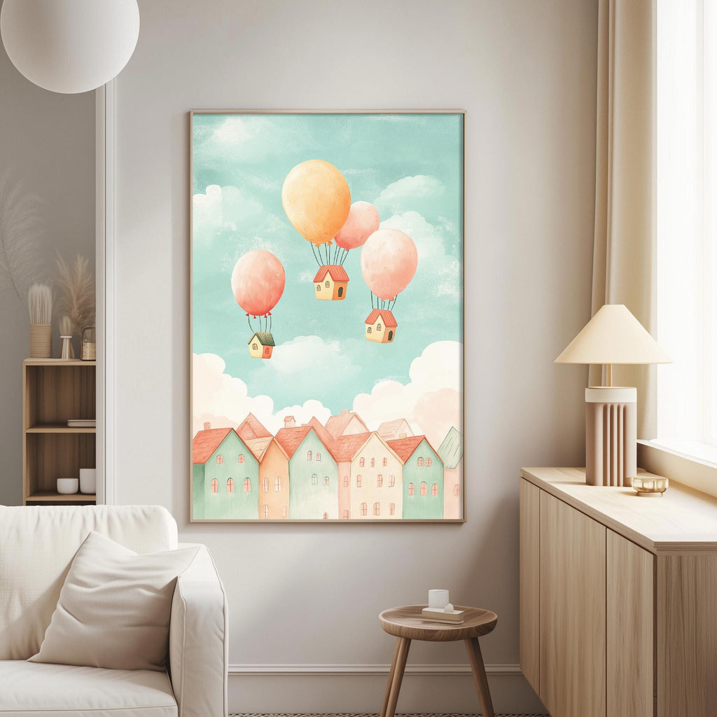 a cozy living room with a large, colorful painting of houses floating in the sky above a white couch.