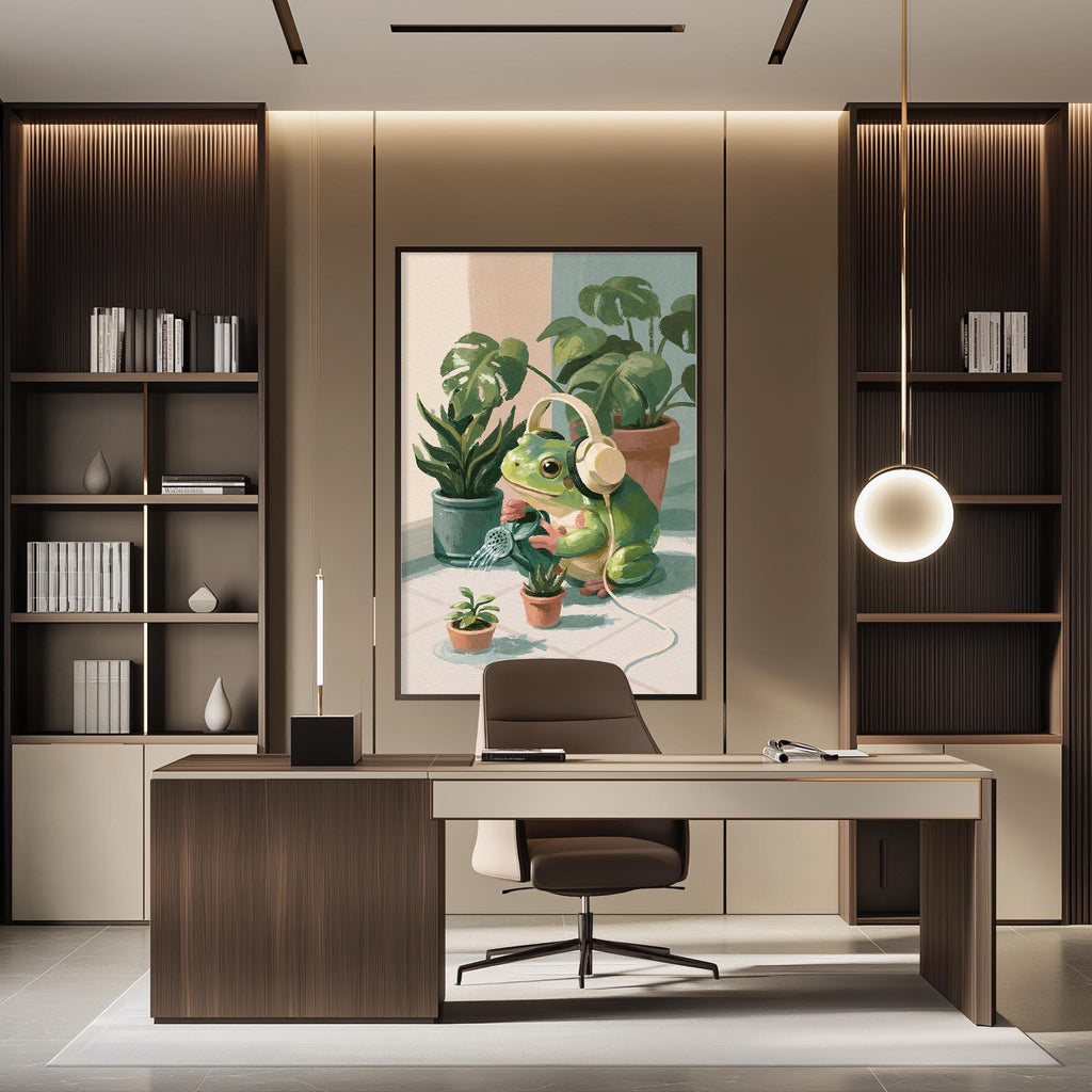 a modern office space with a large framed painting of a frog sitting in a potted plant on the wall. The office features a desk, chair, and shelving units, creating a professional and stylish atmosphere.