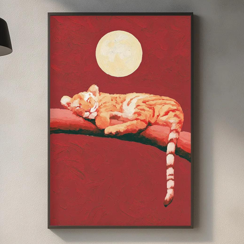 a kitchen counter with a framed painting of a sleeping tiger on a branch hanging above it. The painting is red and has a yellow moon in the background. The kitchen counter also has various items such as a cutting board, a bottle, and a plant.