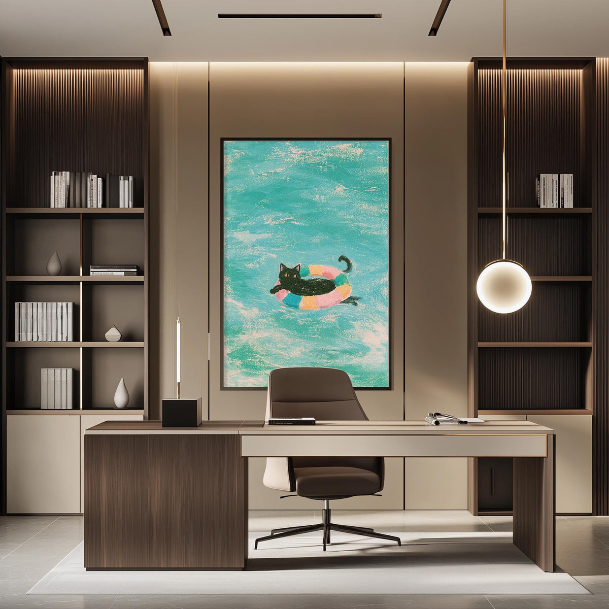 a modern office space with a large framed artwork of a cat floating in a pool of turquoise water on the wall. The office features a wooden desk, a comfortable-looking chair, and a bookshelf filled with books. The overall design and decor create a serene and relaxing atmosphere.