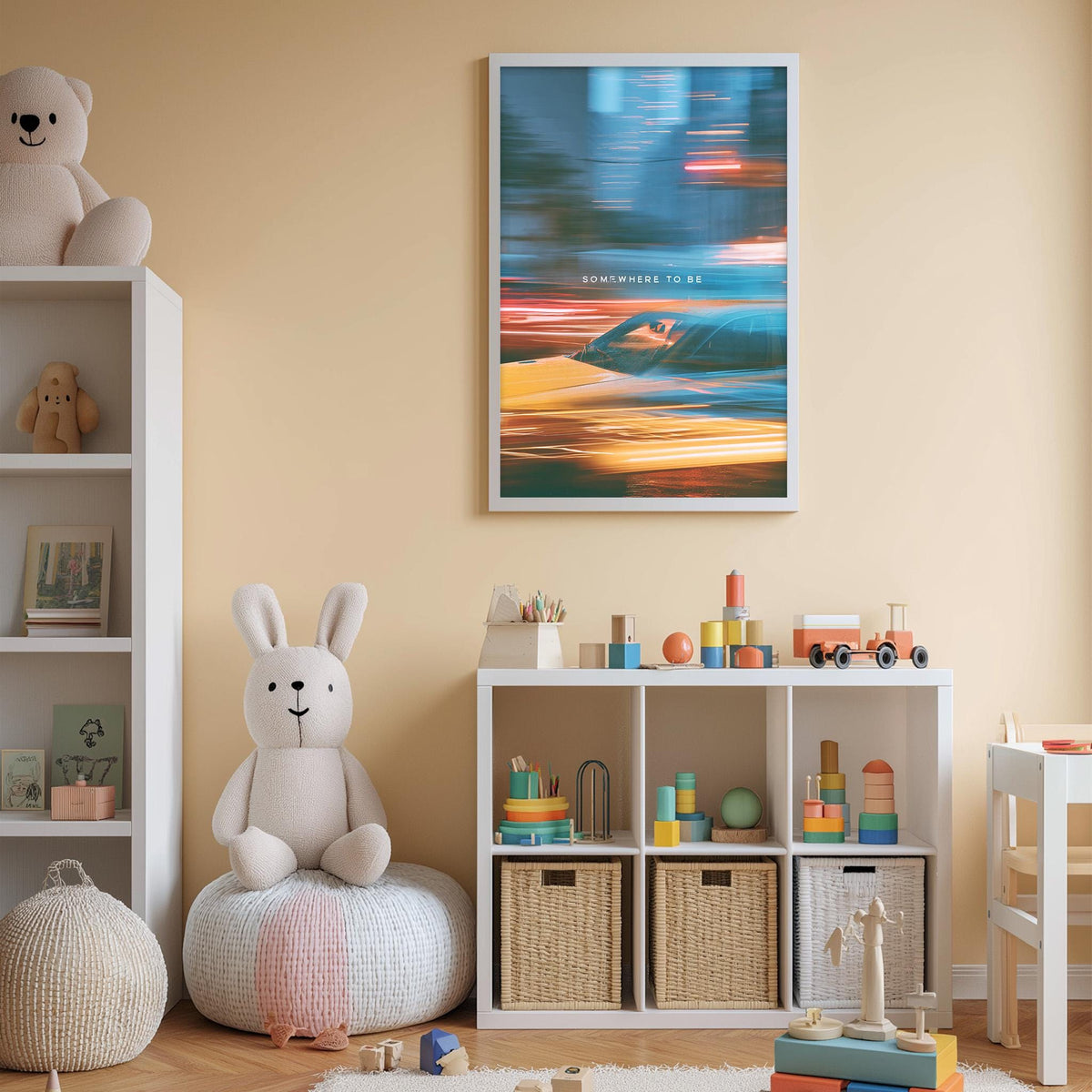 A cozy children's room with a white bookshelf, a plush rabbit, and a colorful toy car. The room has a warm, inviting atmosphere with a framed poster on the wall and various toys and storage bins.