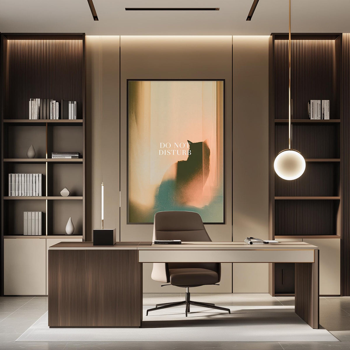 a modern and minimalist office space with a large abstract painting on the wall, a wooden desk with a chair, and built-in bookshelves.