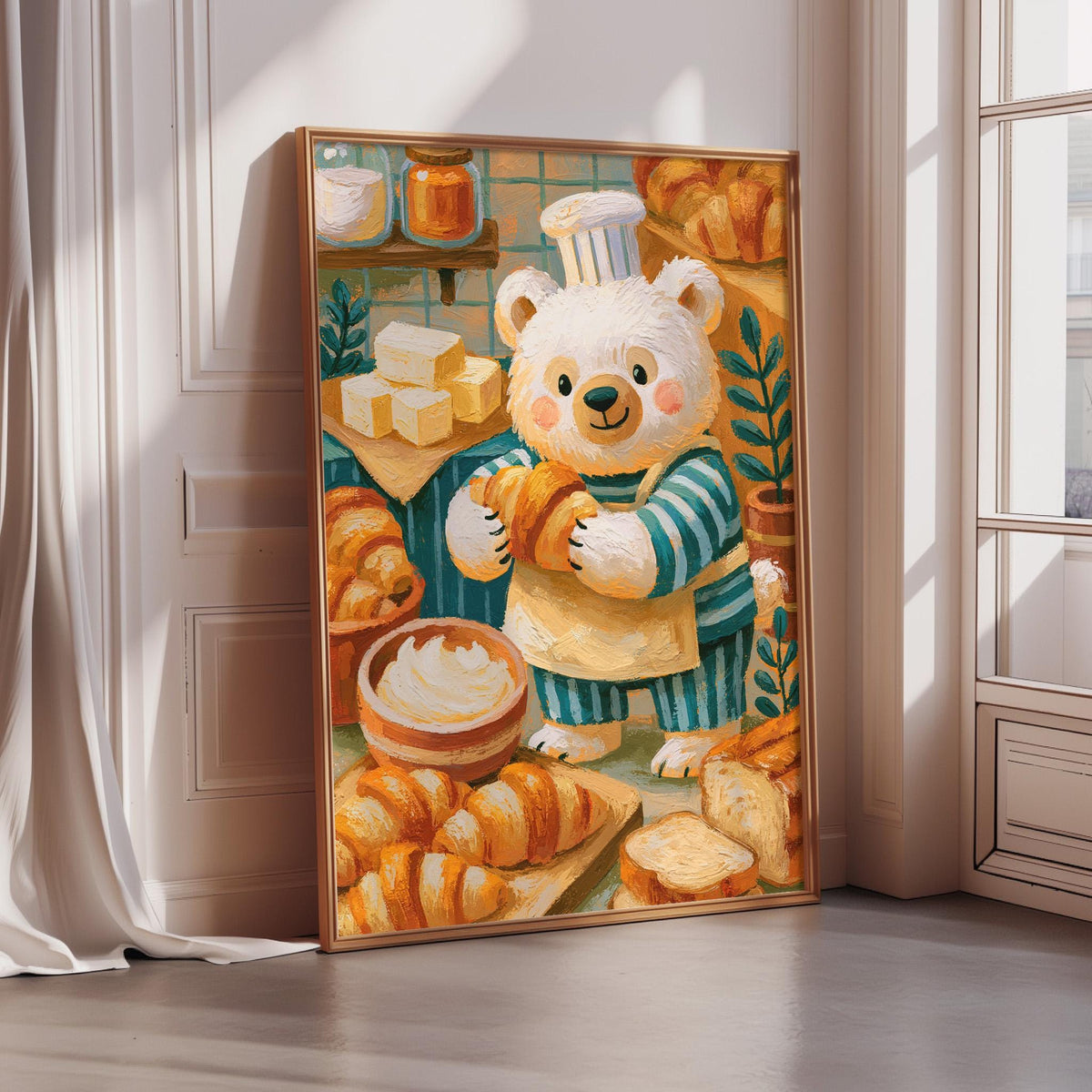 A framed illustration of a white bear wearing a chef's hat and apron, holding a loaf of bread and surrounded by various baked goods, such as croissants and cakes, in a cozy kitchen setting.