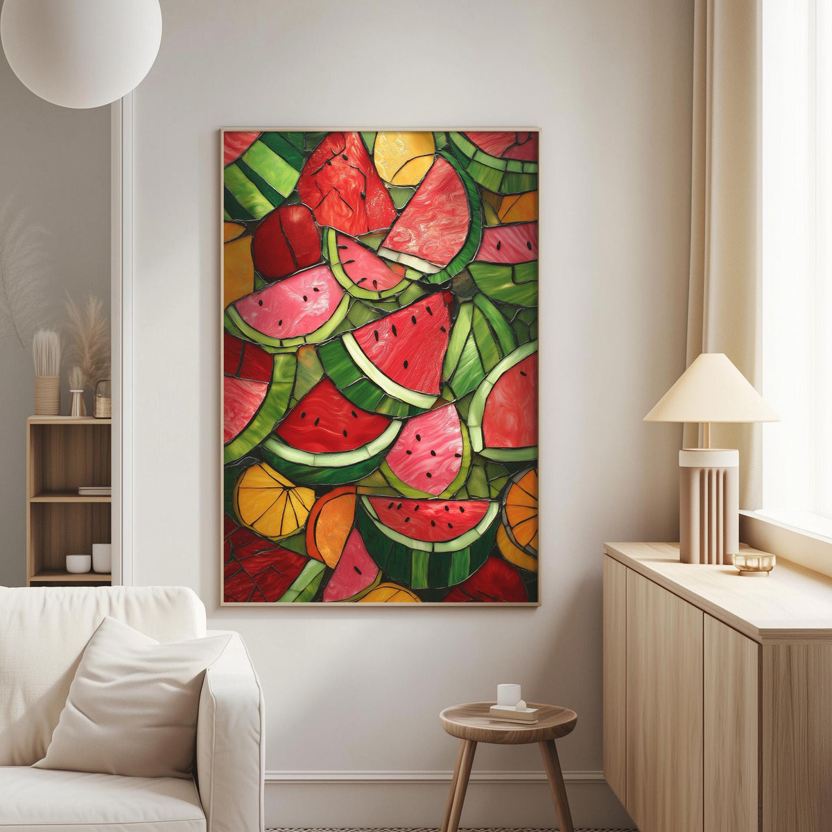 a vibrant and colorful painting of watermelon slices adorning the wall of a cozy living room.