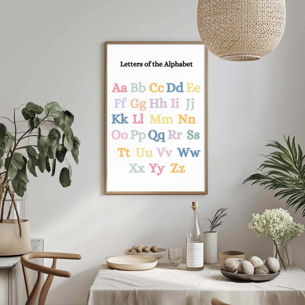 a framed alphabet poster hanging on a wall, with a dining table and chairs in the foreground.