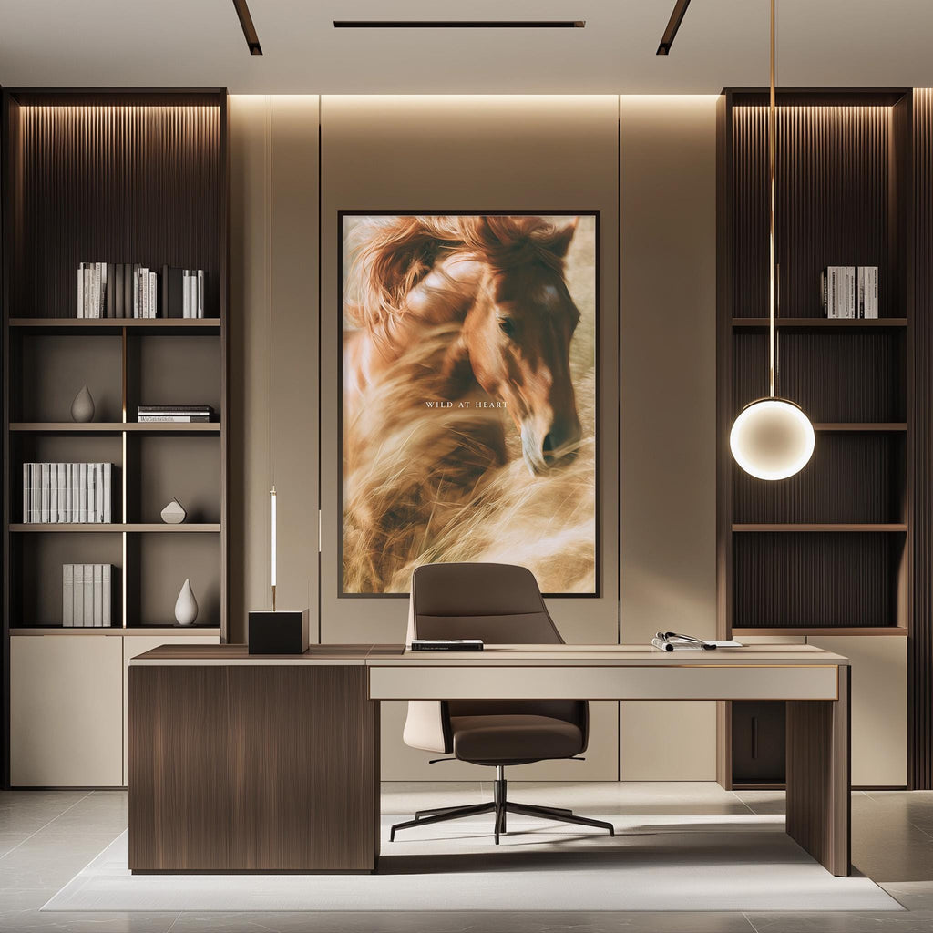 a modern and stylish office space with a large framed picture of a horse on the wall, a wooden desk with a chair, and built-in bookshelves.