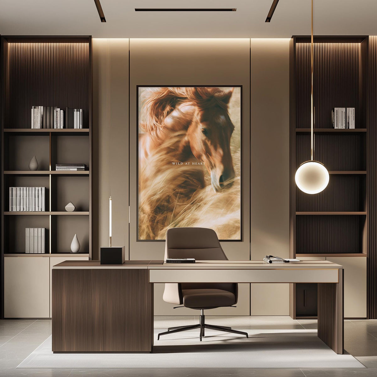 a modern and stylish office space with a large framed picture of a horse on the wall, a wooden desk with a chair, and built-in bookshelves.