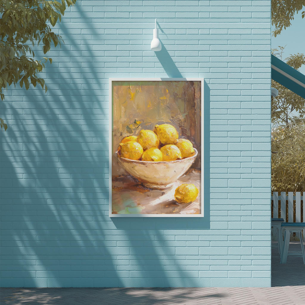 A framed painting of a bowl of lemons is displayed on a blue wall, with a white light fixture above it.
