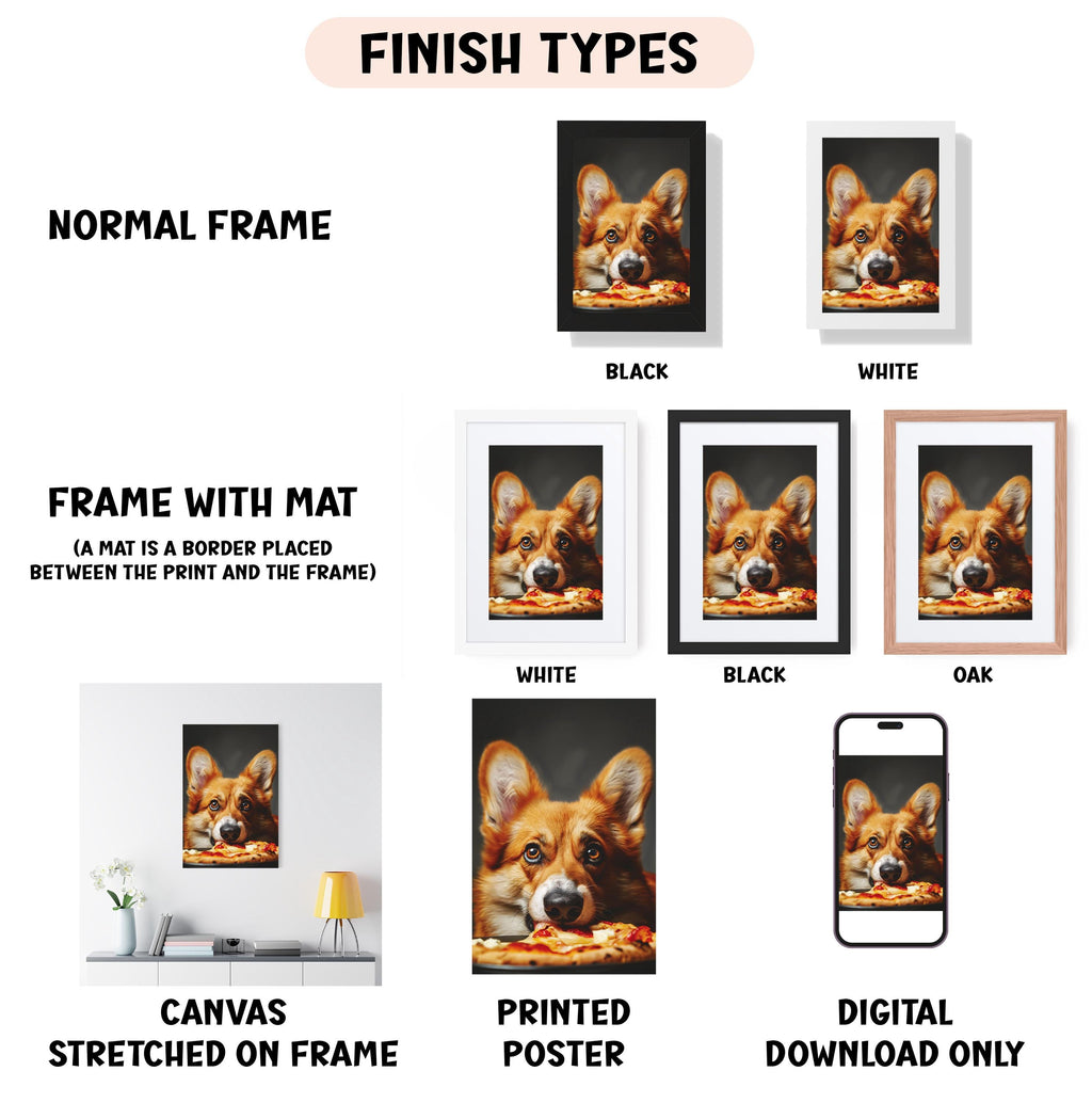 various types of framed artwork, including a normal frame, a frame with a mat, a white frame, a black frame, an oak frame, a white canvas stretched on a frame, a printed poster, and a digital download only.
