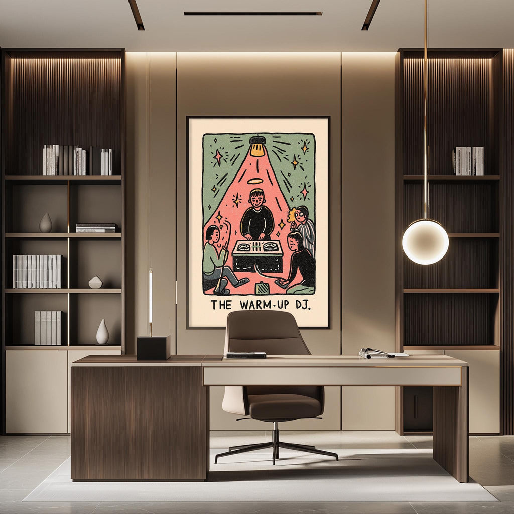 a modern office space with a large framed poster of a group of people on the wall, a desk with a chair, and a bookshelf in the background.