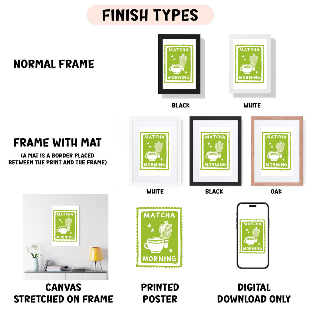 various finish types for a framed print, including a normal frame, a frame with a mat, a white frame, a black frame, a black frame, an oak frame, a white frame, a black frame, a white frame, a printed poster, and a digital download only.