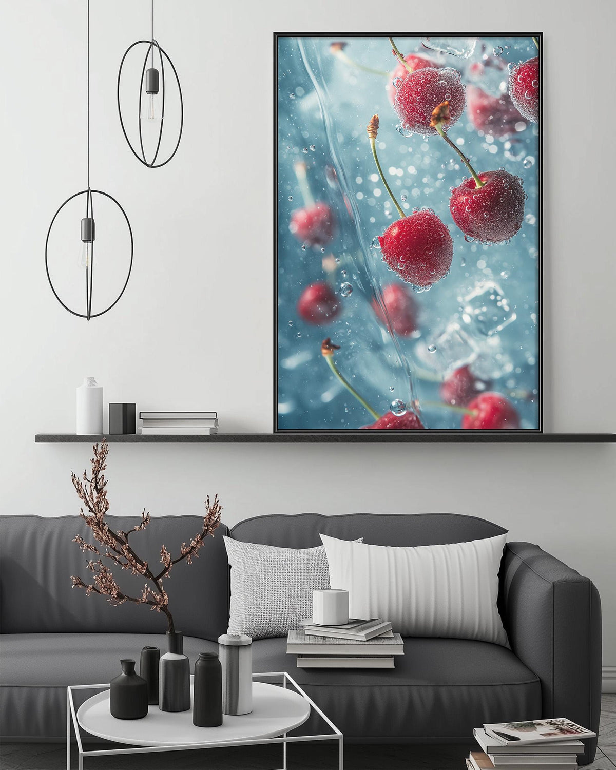 a large framed print of cherries floating in water, creating a serene and calming atmosphere in the living room.