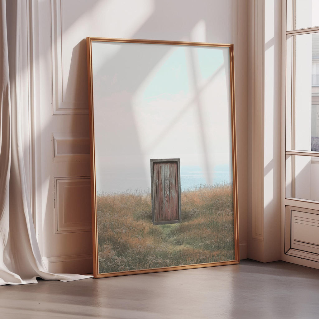 a large, framed picture of a wooden door set against a grassy field, with a reflection of the door in the glass surface of a window.