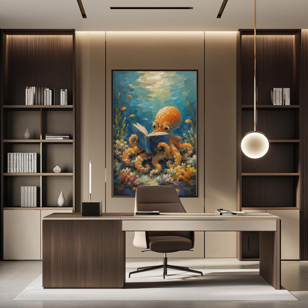 a modern office space with a large painting of an orange octopus reading a book on the wall. The office features a wooden desk, a comfortable chair, and a bookshelf filled with books. The overall design and decor create a serene and creative atmosphere.