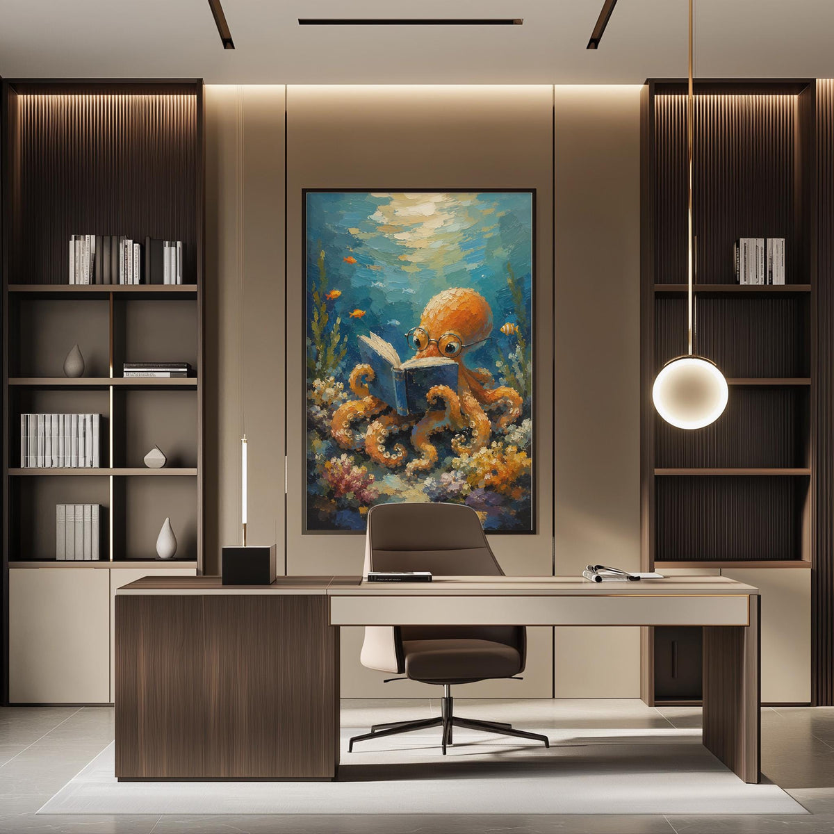 a modern office space with a large painting of an orange octopus reading a book on the wall. The office features a wooden desk, a comfortable chair, and a bookshelf filled with books. The overall design and decor create a serene and creative atmosphere.