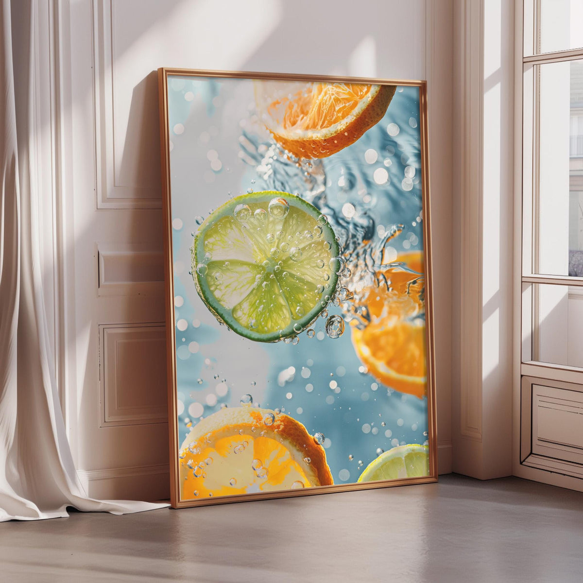 A framed photograph of slices of orange and lime, with water droplets splashing around them, creating a vibrant and refreshing visual effect.