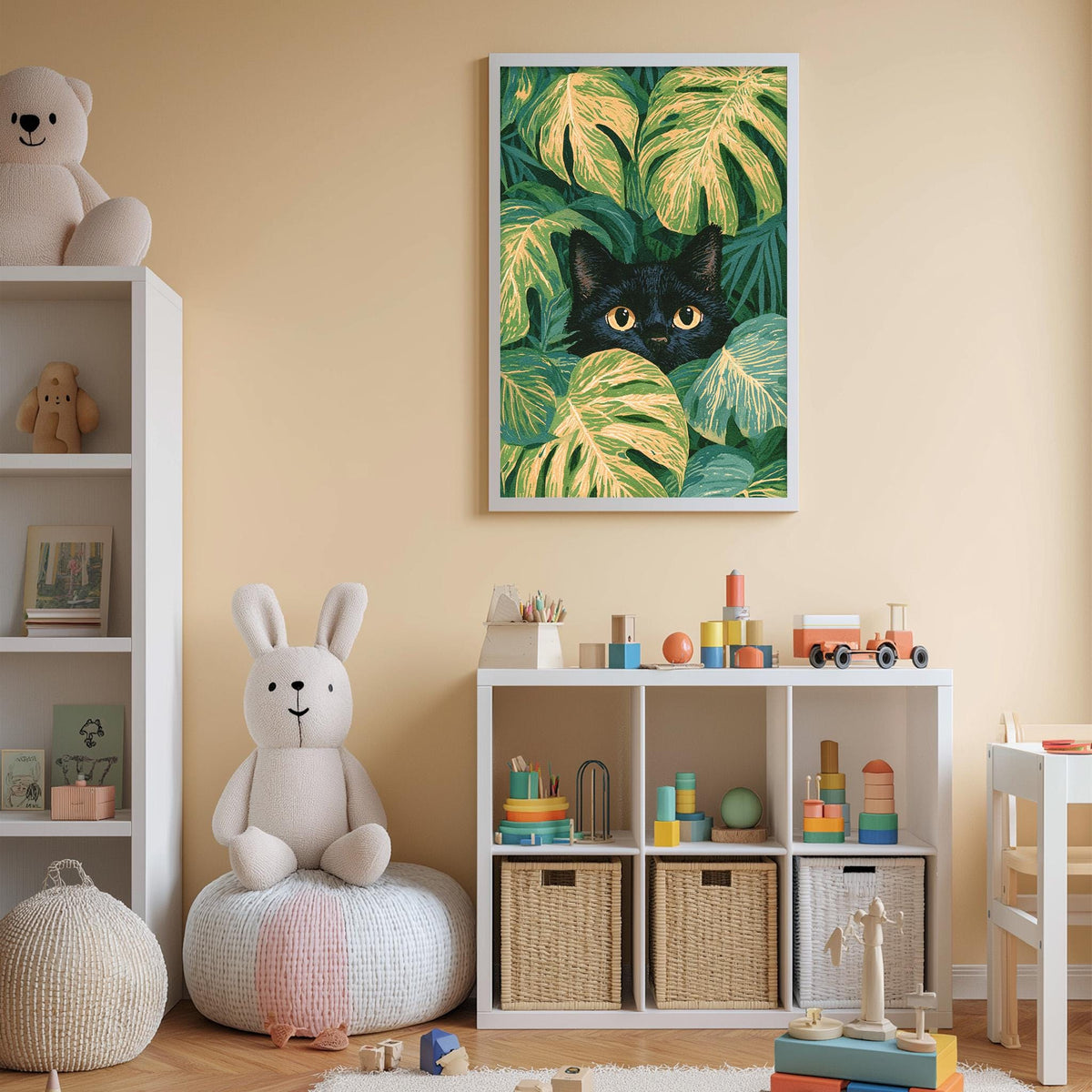 A cozy children's room with a white bookshelf, a plush white rabbit, and a colorful toy box filled with toys. Above the bookshelf, there is a framed picture of a black cat peeking out from behind green leaves.
