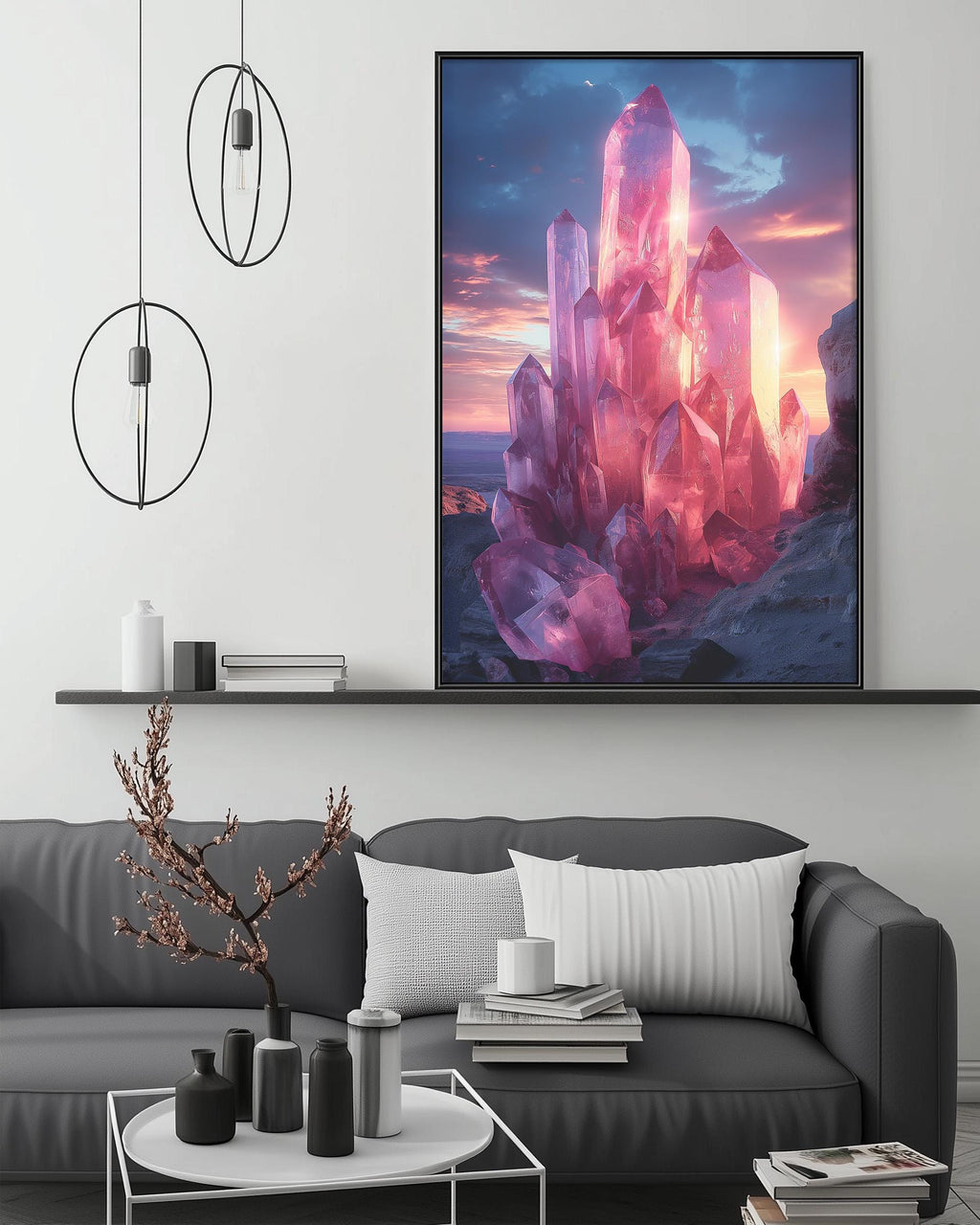 a large, vibrant painting of a crystal formation set against a colorful sky, hanging on a wall above a gray couch in a modern living room.