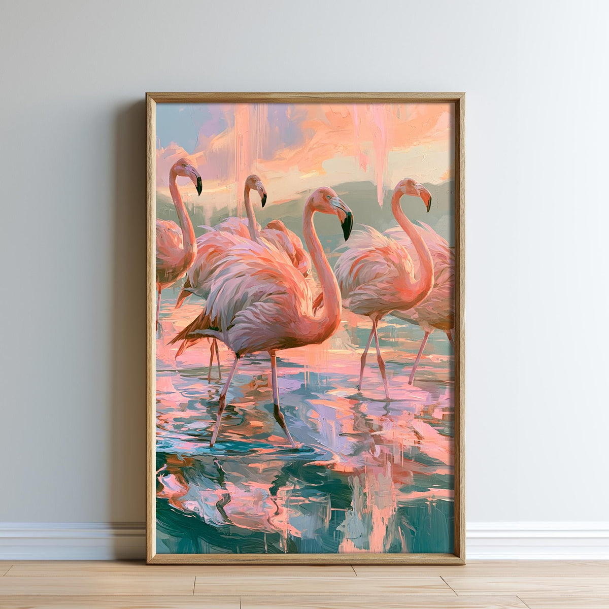 A framed painting depicting a group of pink flamingos standing in a body of water, with a colorful and vibrant background.