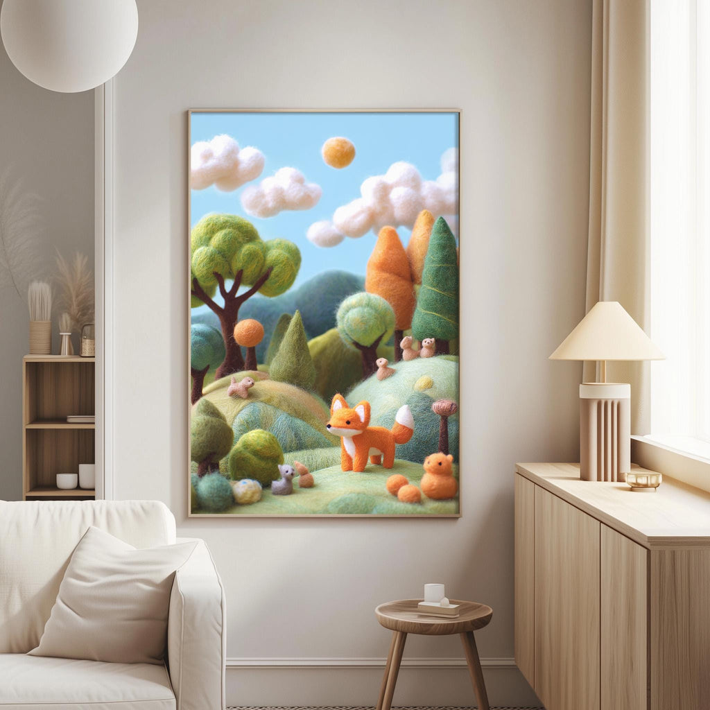 a cozy living room with a large, colorful painting of a whimsical forest scene hanging on the wall. The painting depicts a fox, a bird, and various other animals in a lush, green landscape with trees, bushes, and a blue sky with fluffy clouds. The room is furnished with a white sofa and a wooden side table, creating a warm and inviting atmosphere.