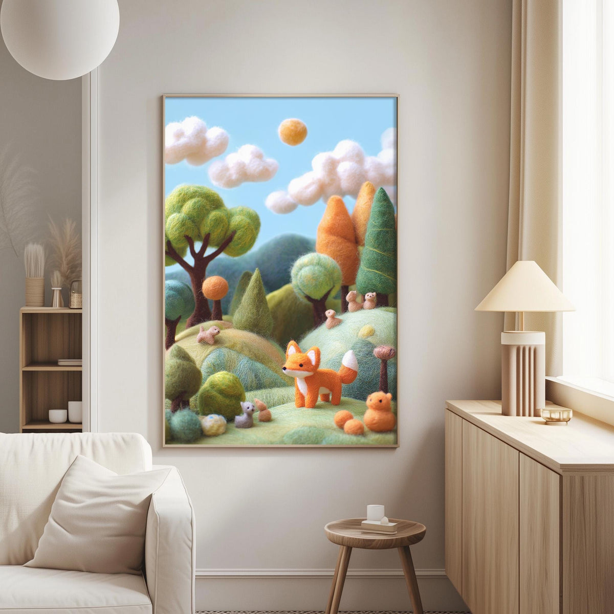 a cozy living room with a large, colorful painting of a whimsical forest scene hanging on the wall. The painting depicts a fox, a bird, and various other animals in a lush, green landscape with trees, bushes, and a blue sky with fluffy clouds. The room is furnished with a white sofa and a wooden side table, creating a warm and inviting atmosphere.