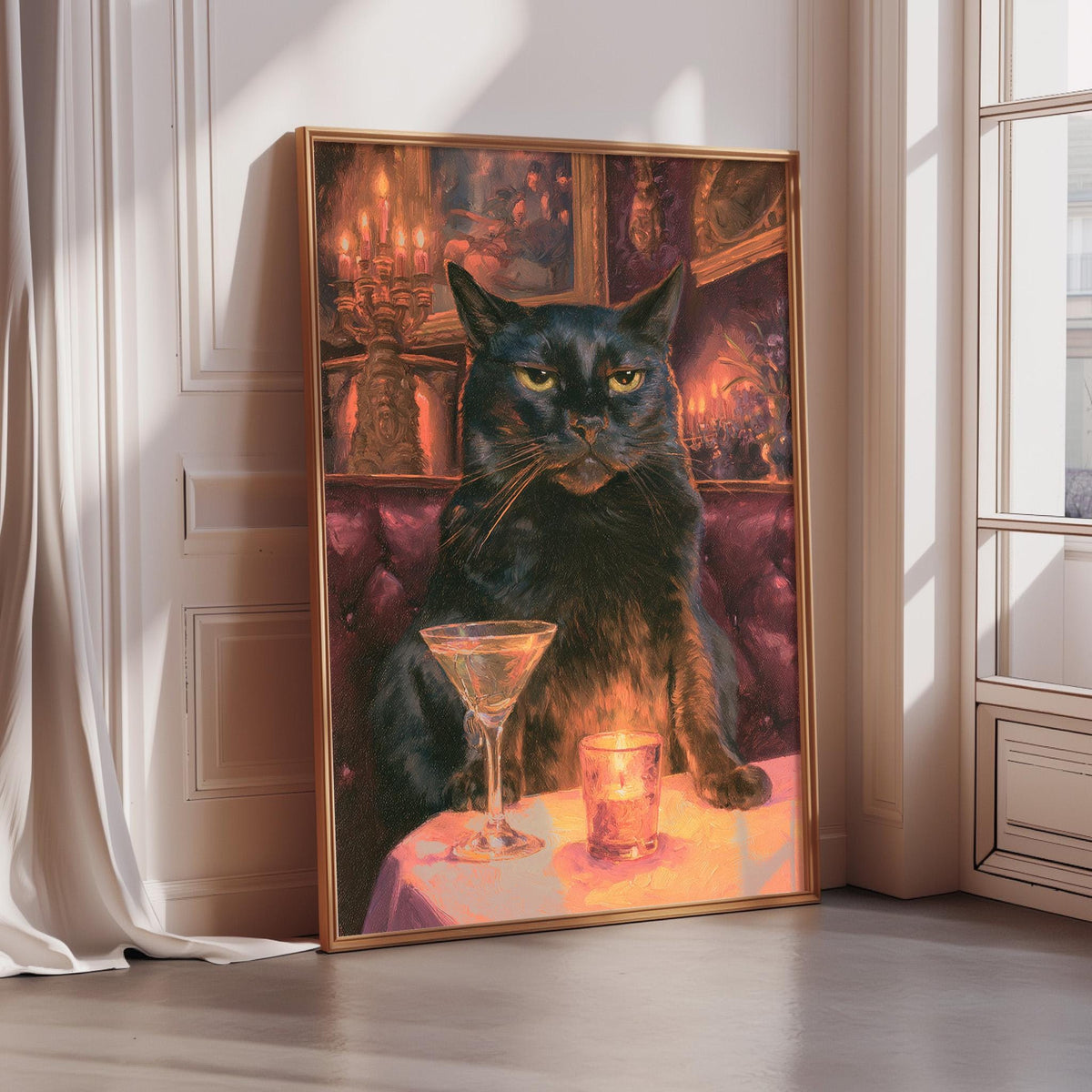 A framed painting depicting a black cat sitting at a table with a martini glass and a candle, set against a warm, colorful background.